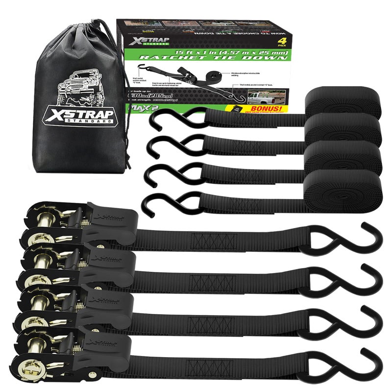 XSTRAP STANDARD أحزمة ربط XSTRAP STANDARD - 4 حزمة - 1'' x 15 قدم - سعة تحميل 630 رطل، قوة كسر 1890 رطل، أحزمة شحن لنقل البضائع، الأجهزة، معدات الحديقة، الدراجات النارية (أسود) - Image 1